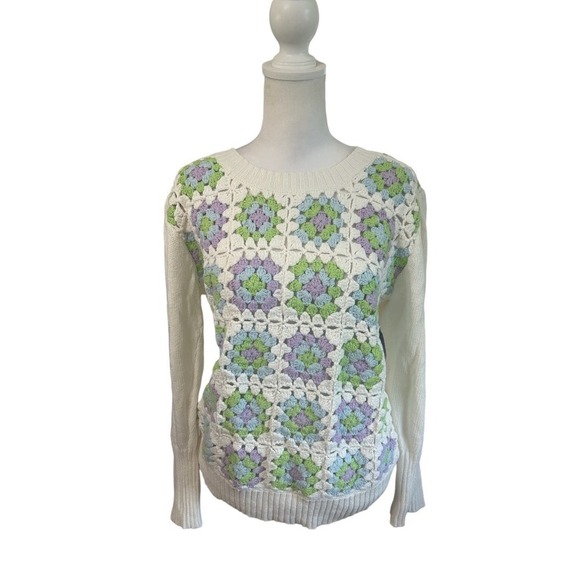 Design History Crochet Puff Sleeve Cotton Sweater Size large NWT Granny Square - Picture 3 of 10